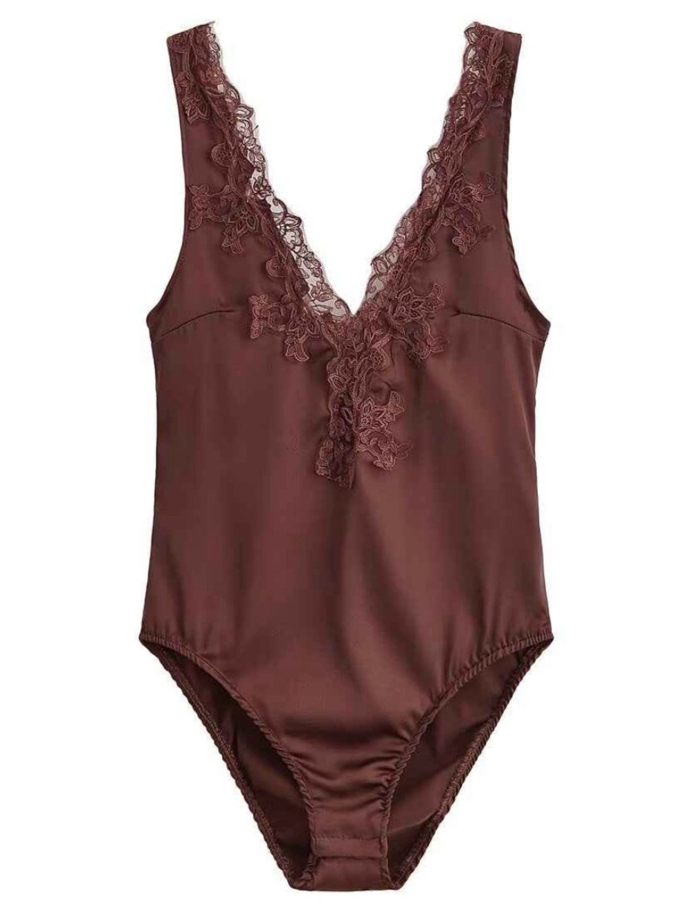 Zara Lace-Trim V-Neck Bodysuit in Deep Brown
